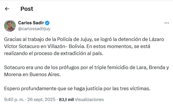 El gobernador Carlos Sadir destacó el trabajo de la Policía de Jujuy y abogó por el esclarecimiento del caso que conmociona al país.