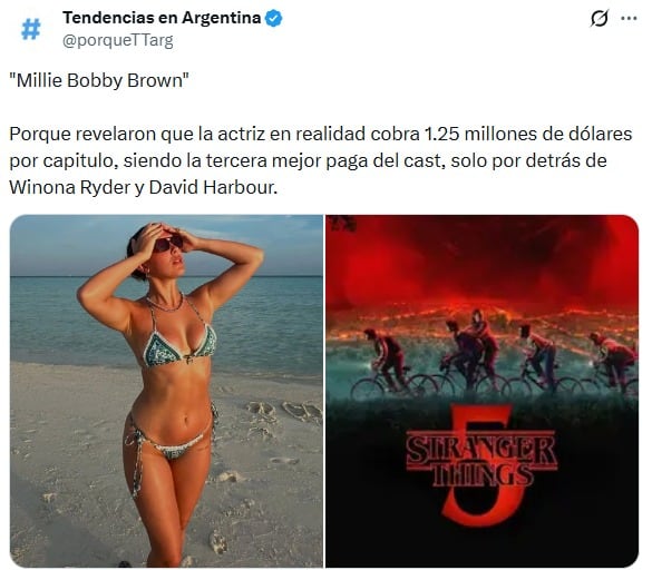 Cuánto habría cobrado realmente Millie Bobby Brown por grabar la última temporada de Stranger Things.