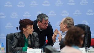 El jefe del bloque del Frente de Todos, Germán Martínez, junto al diputado Carlos Heller y la ministra de Trabajo, Raquel Olmos, durante el debate por el impuesto a las Ganancias (Foto: Federico López Claro)