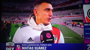 El ex Belgrano, Matías Suárez, en los festejos del título de River. (Captura).