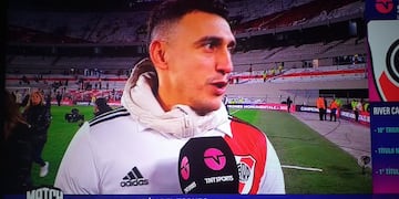 El ex Belgrano, Matías Suárez, en los festejos del título de River. (Captura).