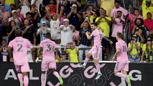 Lionel Messi festeja su gol en la final de la Leagues Cup. (ESPN).