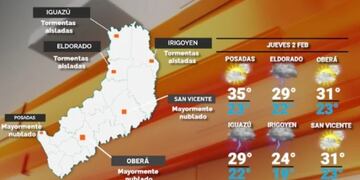 Probabilidad de lluvias y aumento de temperaturas para este jueves en Misiones.