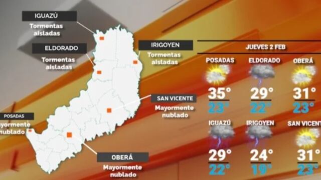 Probabilidad de lluvias y aumento de temperaturas para este jueves en Misiones.