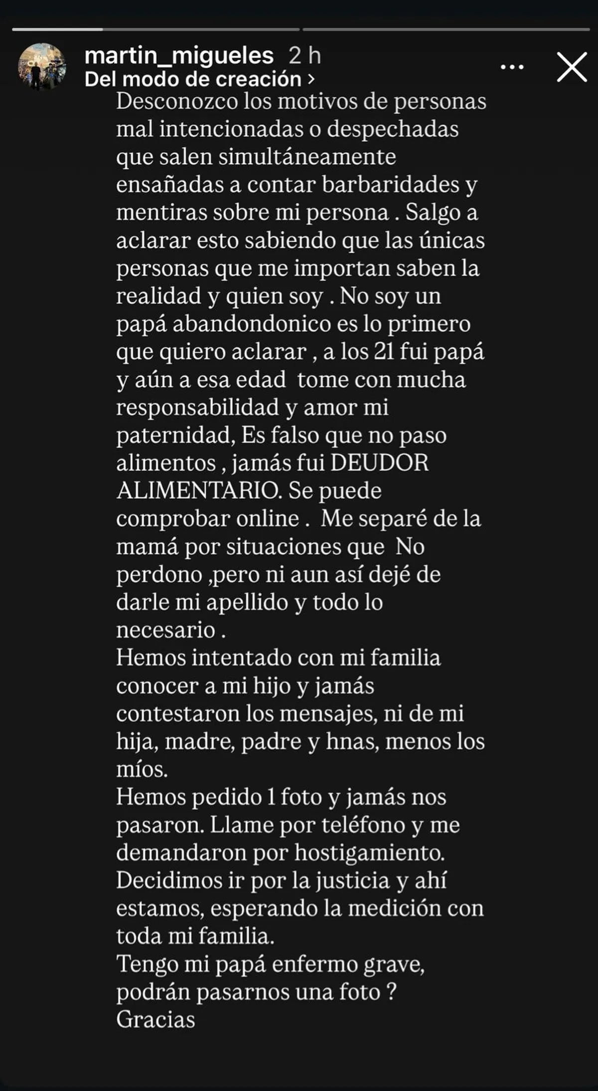 La palabra de Martín Migueles tras las acusaciones de padre abandónico