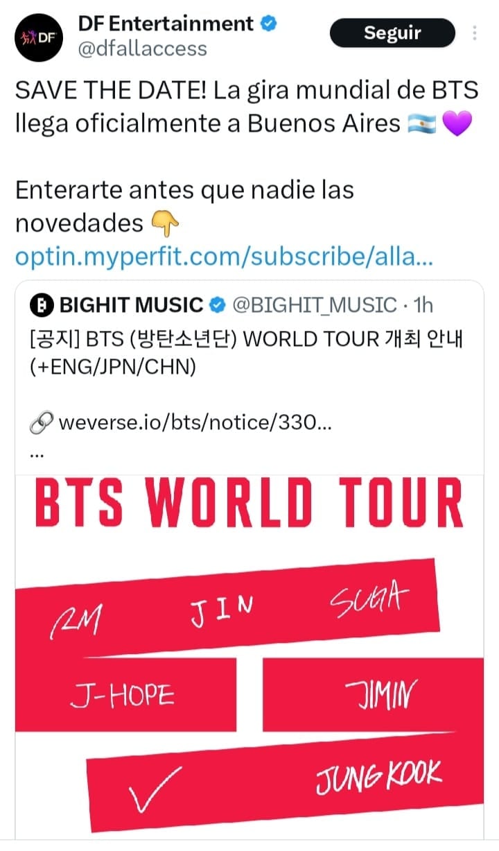 DF Entertainment sobre BTS en la Argentina.