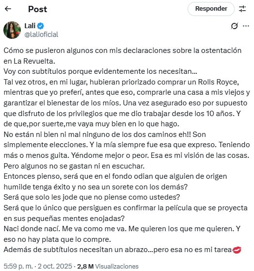 El tremendo descargo de Lali Espósito tras revelar en qué gasta su dinero: “Odian que alguien de origen humilde tenga éxito”