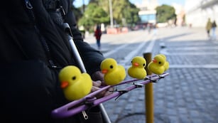 Un cuartetero se sumó a la movida y se puso un patito amarillo en la cabeza.