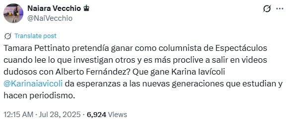 Naiara Vecchino sobre Tamara Pettinato.