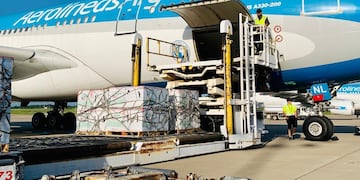 Vacunas de Moderna en un vuelo de Aerolíneas Argentinas. (Foto: Presidencia)