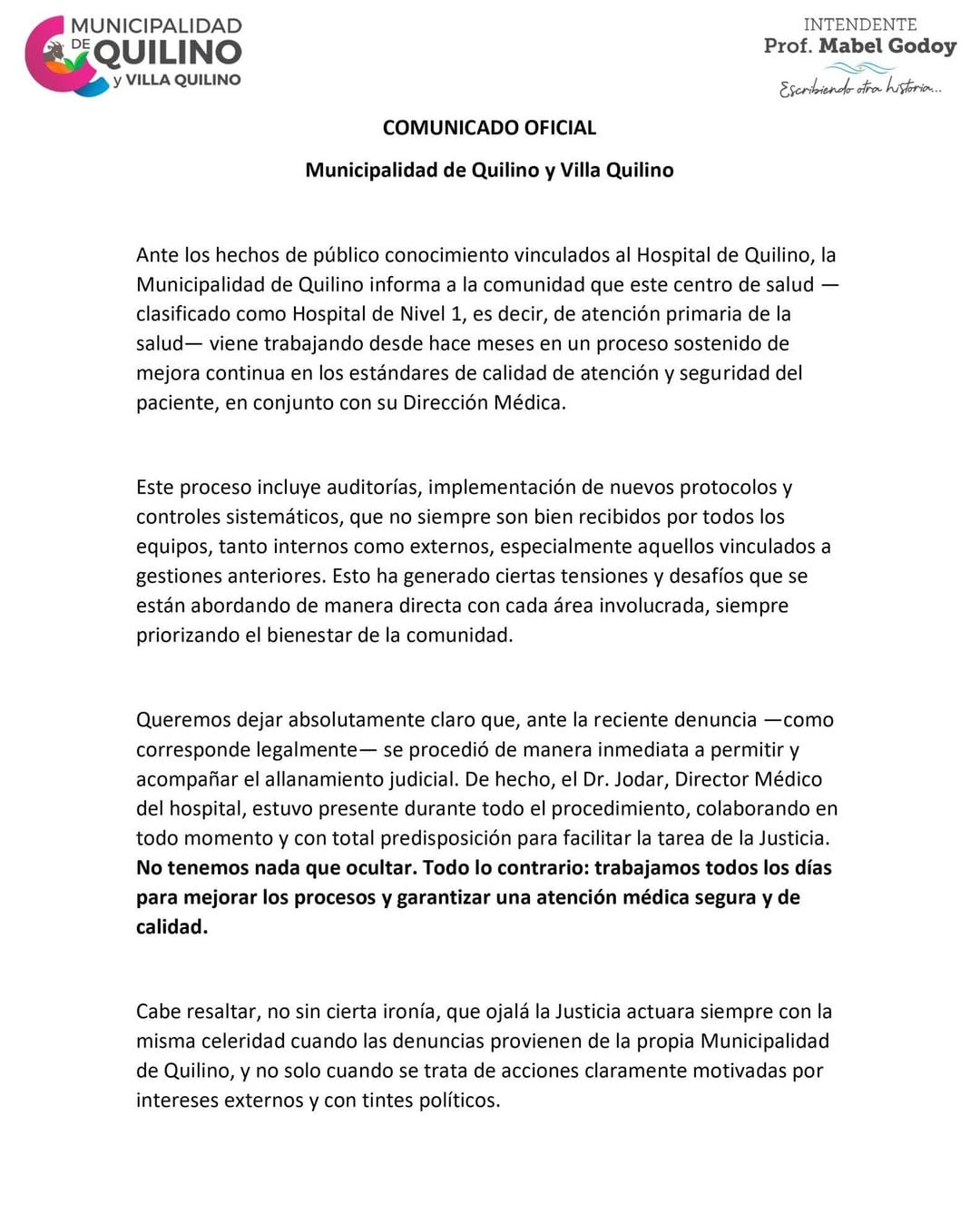 El comunicado de la Municipalidad de Quilino.
