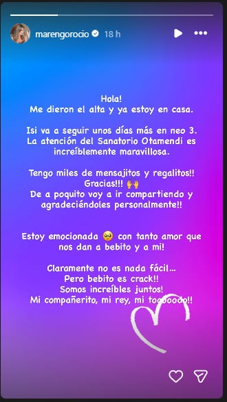 Rocío Marengo contó que recibió el alta, pero su bebé quedó internado