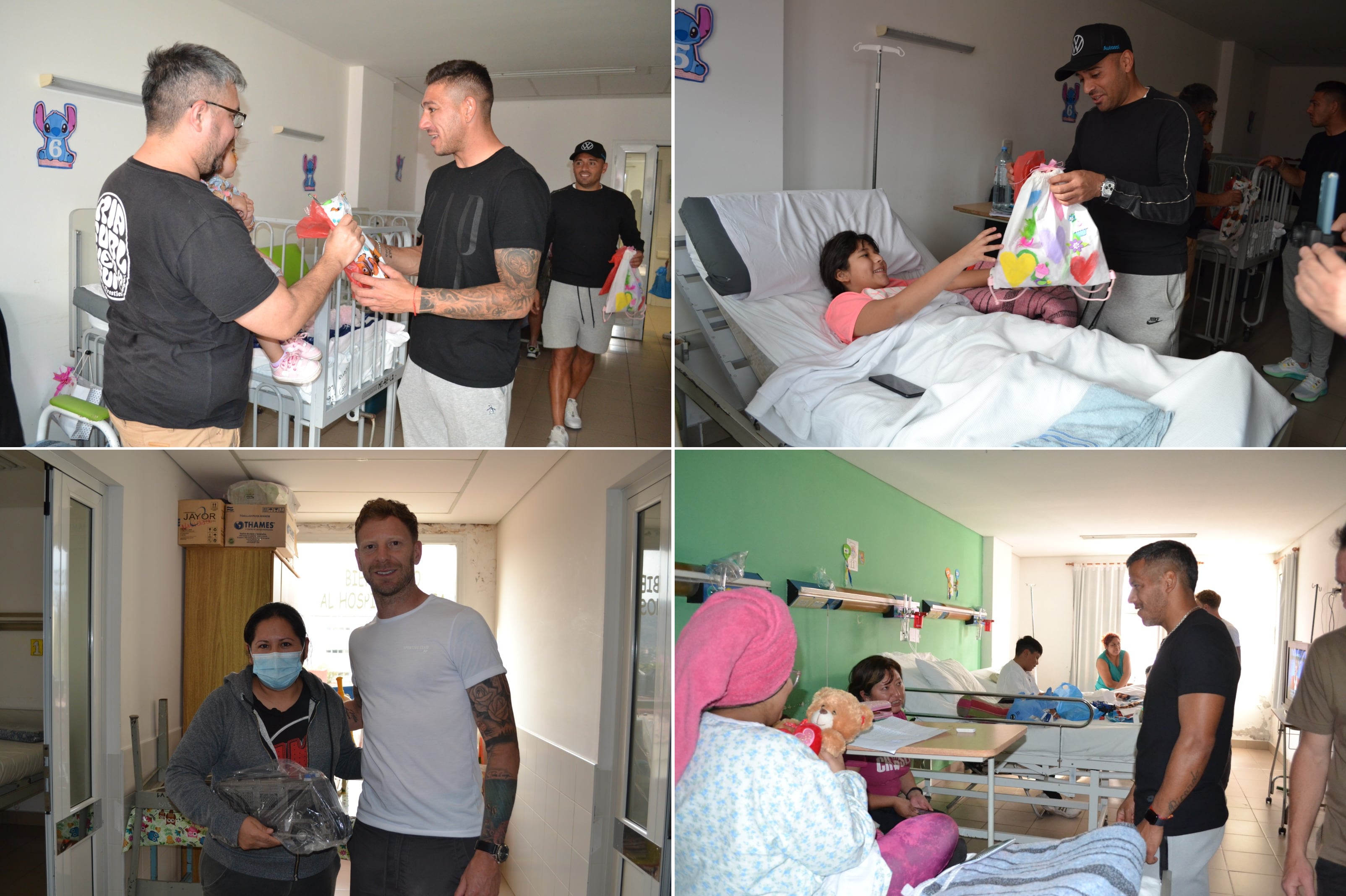 Milton Álvarez, Francisco Molina, Cristian Menéndez y Hugo Soria entregando los obsequios enviados por los hinchas de Gimnasia de Jujuy a los pequeños pacientes del Hospital Materno Infantil.
