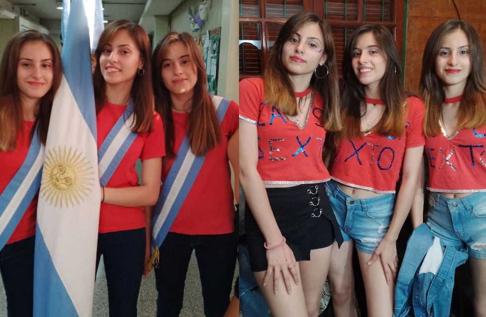 Hijas y alumnas ejemplares: trillizas de Córdoba son abanderadas con promedios superiores a nueve