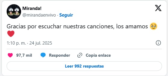 El tweet con el que Miranda! agradeció a los fans