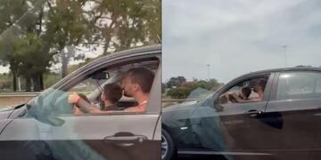 Las imágenes del hombre con el nene sobre su regazo en plena autopista.