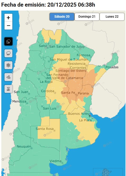 Alerta amarilla y naranja por tormentas en Argentina este sábado 20 de diciembre.