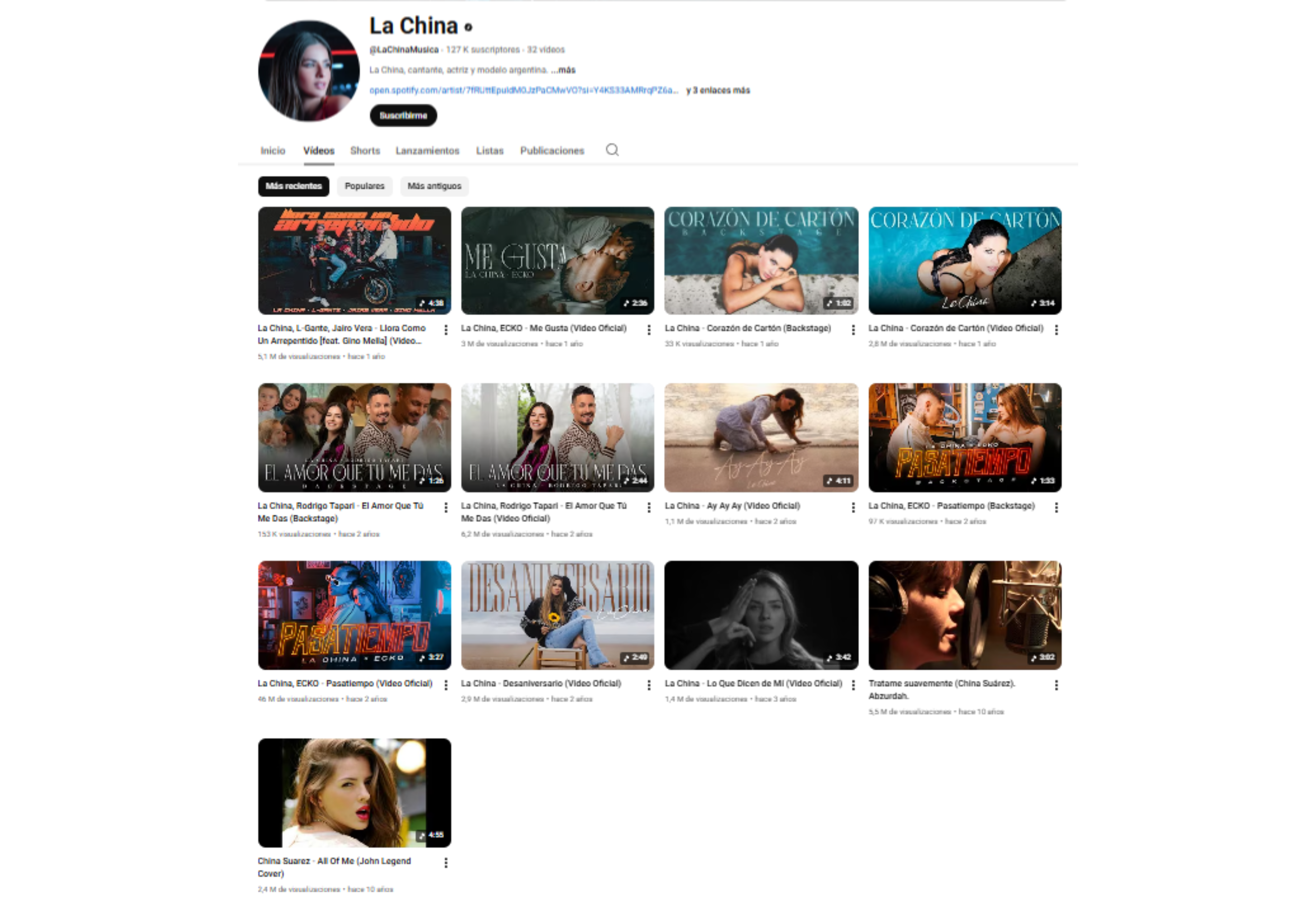 El canal de YouTube de la China Suárez.