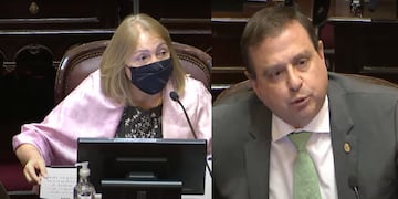 Los senadores nacionales por Jujuy Silvia Giacoppo (UCR) y Guillermo Snopek (FdT) protagonistas de un fuerte entredicho en el en el recinto de sesiones, este jueves.