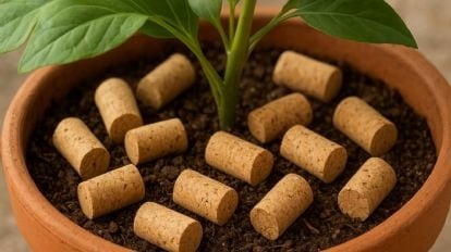 La porosidad del corcho ayuda a airear el sustrato, mientras que su olor disuade a caracoles y hormigas de trepar por el tronco.