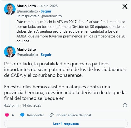 Los mensajes de Leito en X.