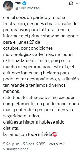 El triste anuncio que realizó Tini Stoessel en las redes sociales.