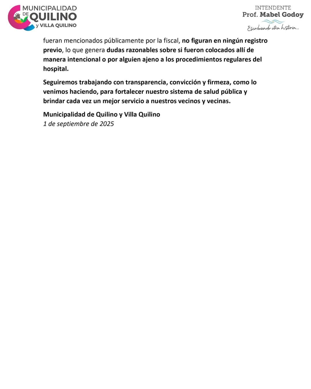 La Municipalidad de Quilino le pidió a la Justicia que investigue el accionar de policías la enfermera denunciante.