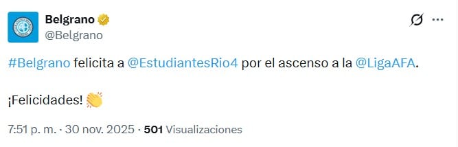 Saludo de Belgrano a Estudiantes de Río Cuarto por su ascenso a Primera División