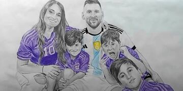 El tremendo dibujo de Lionel Messi y su famiila que realizó Rafael Céliz. Le demandó 60 horas de trabajo, con lápiz. (Captura de video)