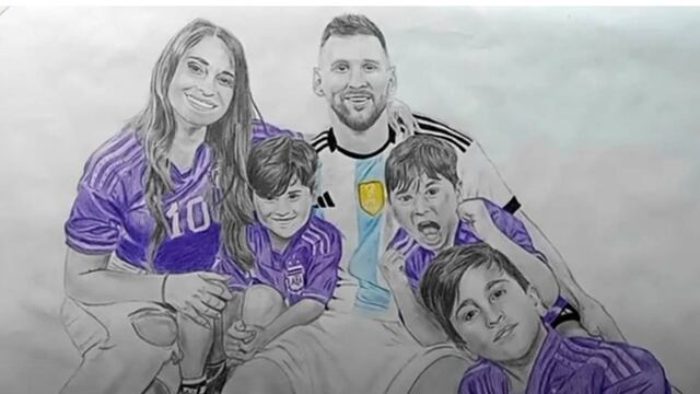 El tremendo dibujo de Lionel Messi y su famiila que realizó Rafael Céliz. Le demandó 60 horas de trabajo, con lápiz. (Captura de video)