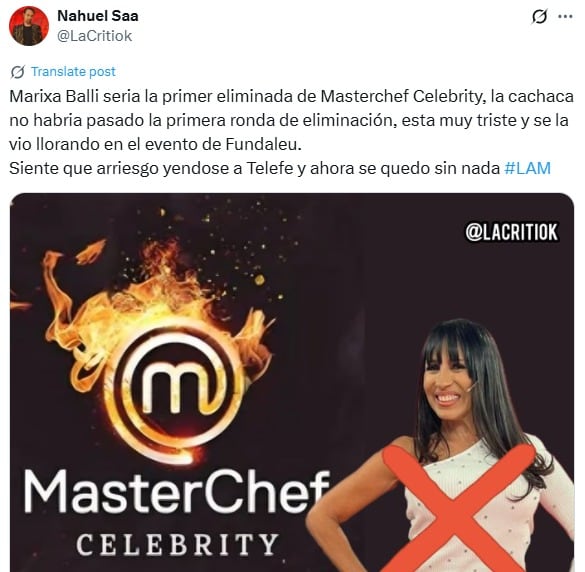 Marixa Balli sería la primera eliminada de MasterChef Celebrity.