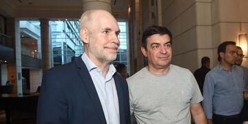 El Gobernador de Mendoza Rodolfo Suarez, Alfredo Cornejo y Horacio Rodriguez Larreta, Jefe de Gobierno Porteño, realizaron una conferencia de prensa en el hotel Hyatt de Ciudad
 Horacio Rodriguez Larreta junto a Omar Demarchi
Foto:  José Gutierrez  / Los Andes