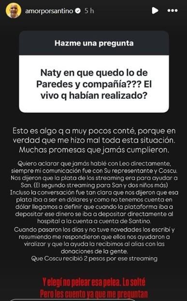 La mamá de Santino, el niño posadeño internado en Singapur, puso en duda el “Streaming solidario” de Coscu y Leo Paredes.