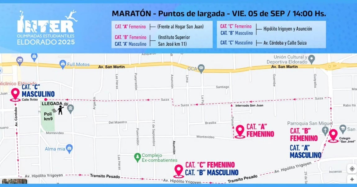 Maratón estudiantil en Eldorado: seis puntos de largada y llegada en el Polideportivo.