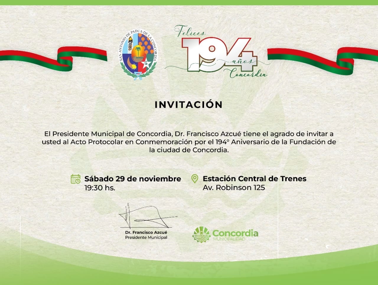 Concordia celebrará su 194° aniversario con un espectáculo artístico y la puesta en valor de la Estación Central.