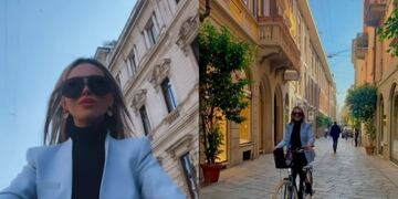 Agustina Gandolfo en bicicleta por las calles de Milán.