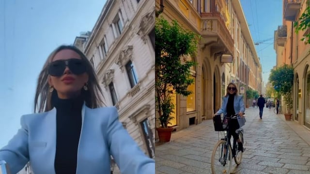 Agustina Gandolfo en bicicleta por las calles de Milán.