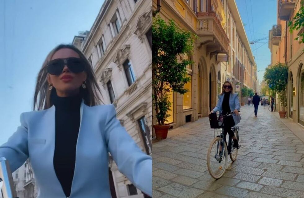 Agustina Gandolfo recorre con glamour las calles de Milán en bicicleta