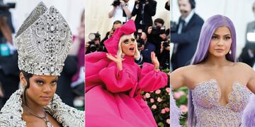 Rihanna, Lady Gaga y Kylie Jenner con algunos looks icónicos de ediciones pasadas de la Met Gala. (AP)