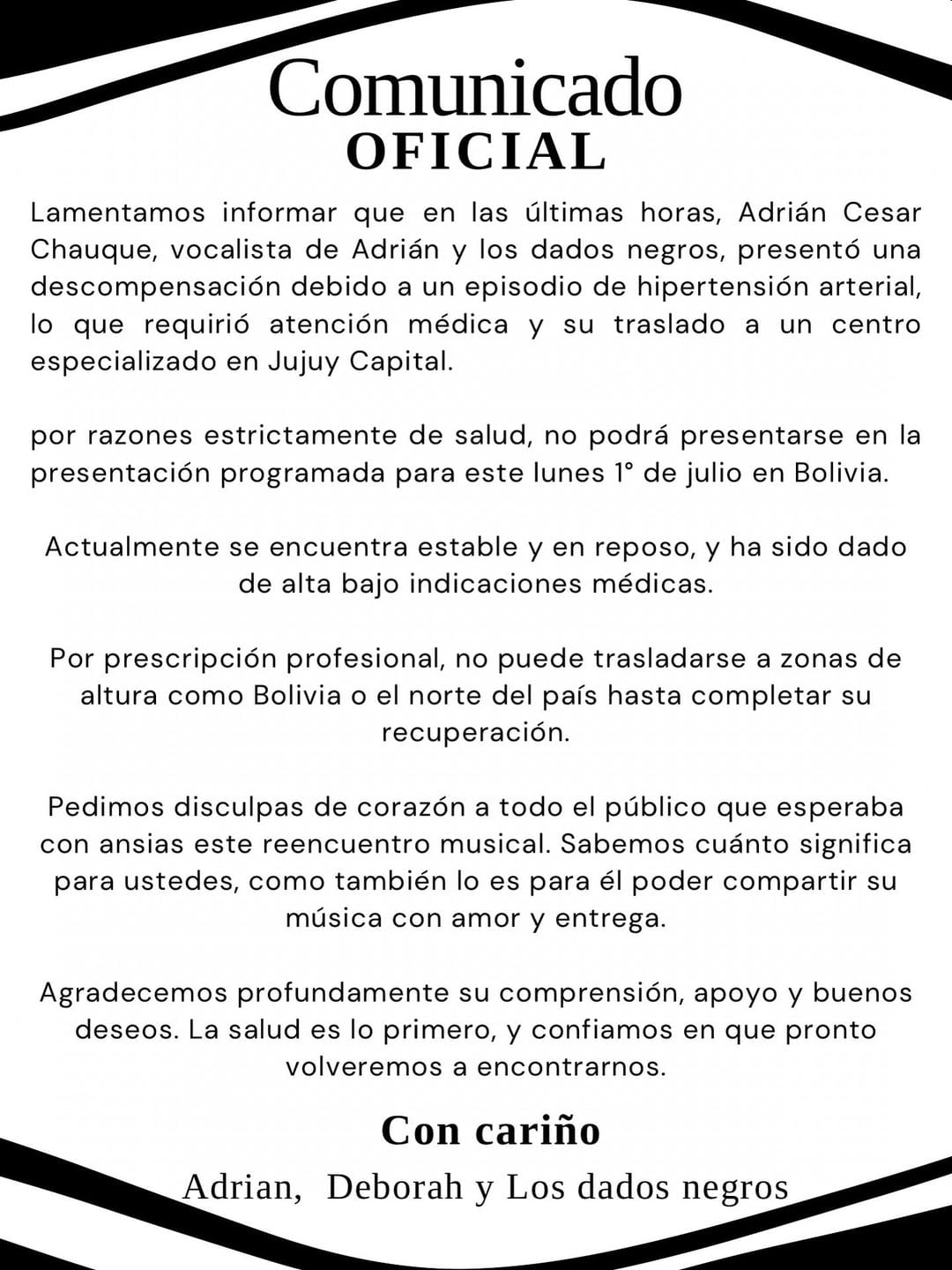 Adrián, líder de Los Dados Negros, sufrió un principio de ACV