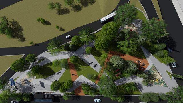 Imágen en 3 D del primer tramo del Parque de las Estaciones, la importante obra de remodelación del casco urbano iniciado por la comuna de Luján de Cuyo. Gentileza MLC