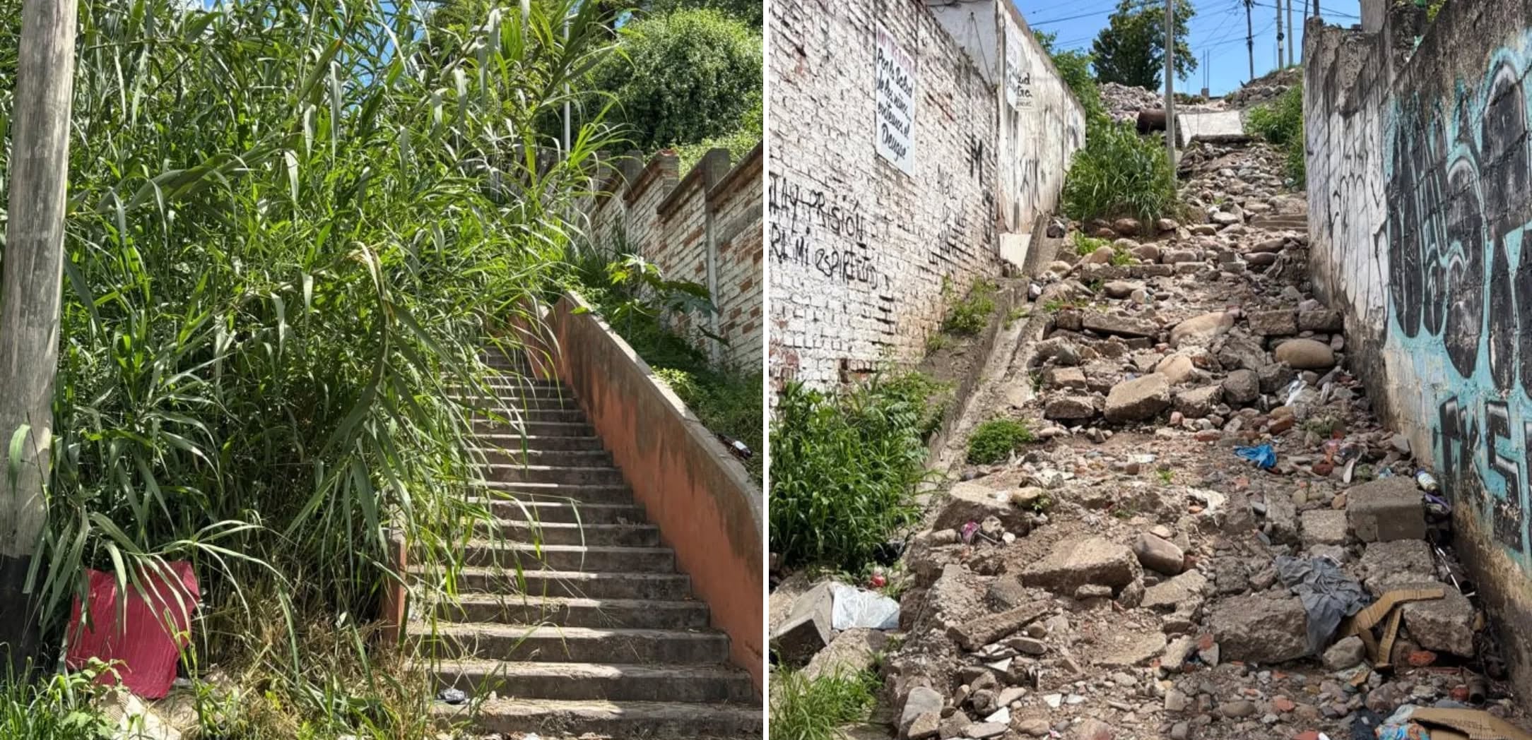 Dos de la imágenes con las que el concejal Gustavo Martínez sostiene en redes sociales su reclamo de que el municipio "refuerce las tareas de mantenimiento urbano" en la capital jujeña.