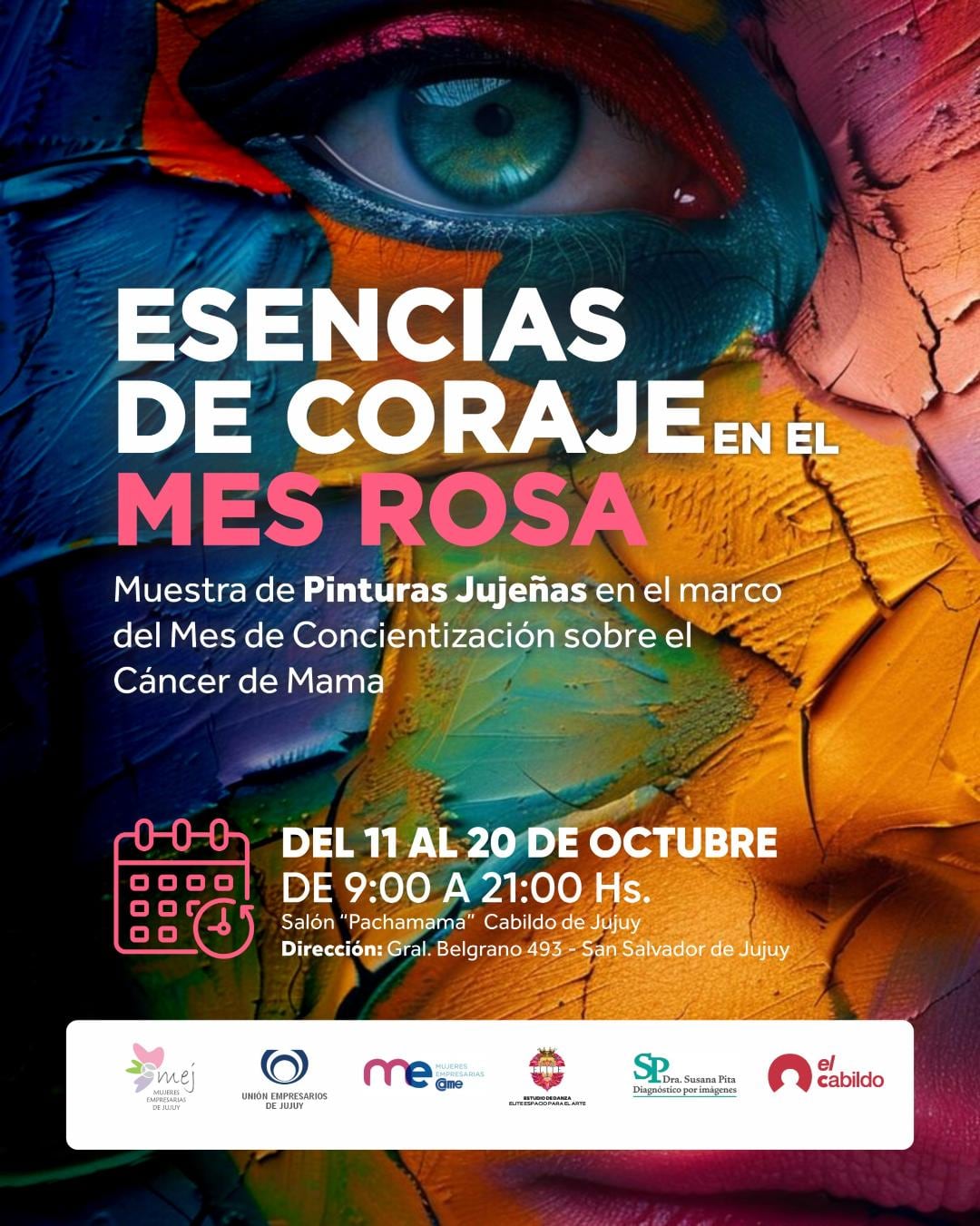 Flyer que anuncia la muestra colectiva “Esencia de coraje en el Mes Rosa”, a realizarse este mes en el Salón Pachamama del Centro Cultural El Cabildo.