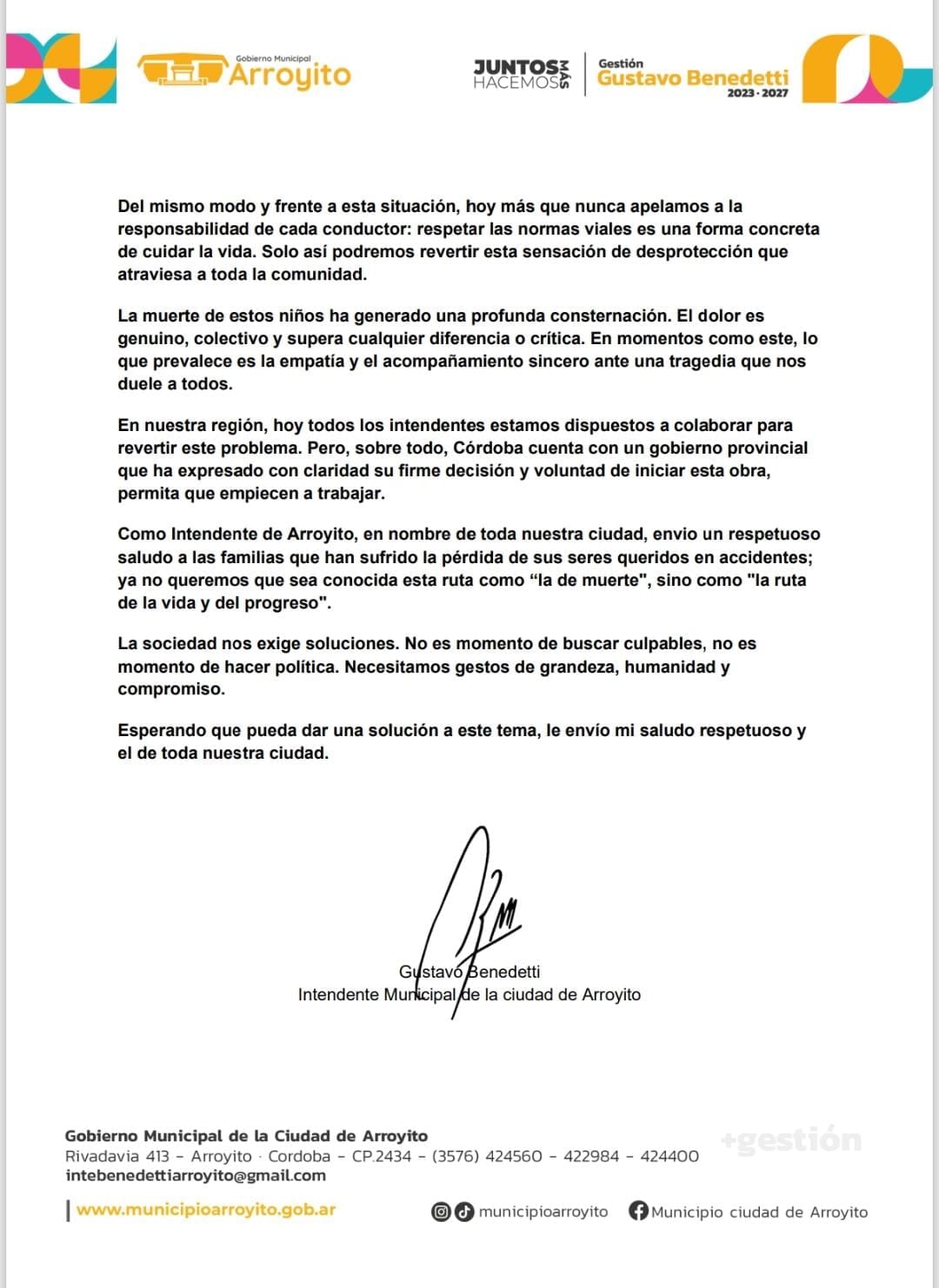 Carta abierta del Intendente de Arroyito Gustavo Benedetti al Presidente Javier Milei
