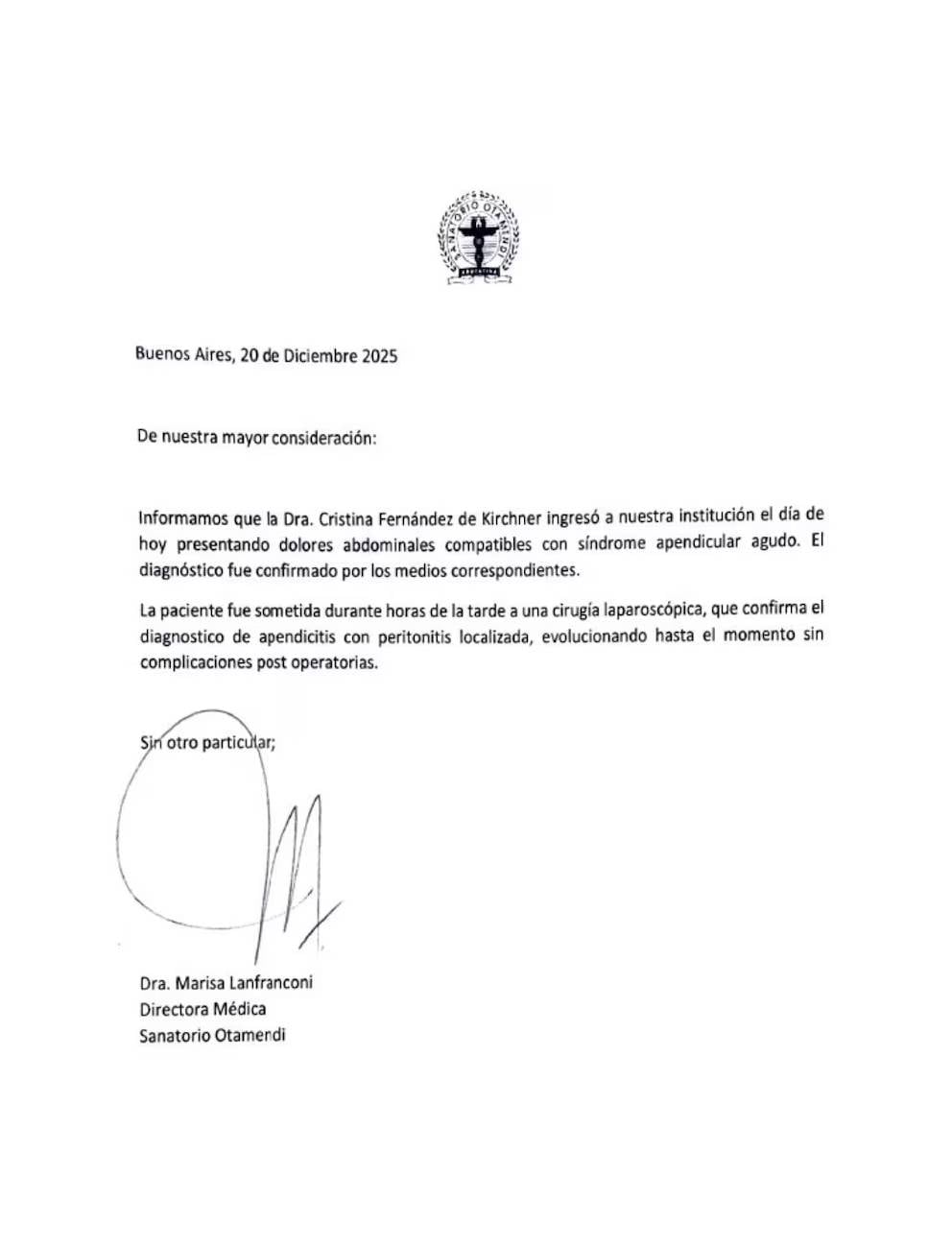 El parte médico de Cristina Fernández de Kirchner.