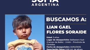 Alerta Sofía por Lian Gael Flores Soraire, el nene desaparecido en Córdoba.