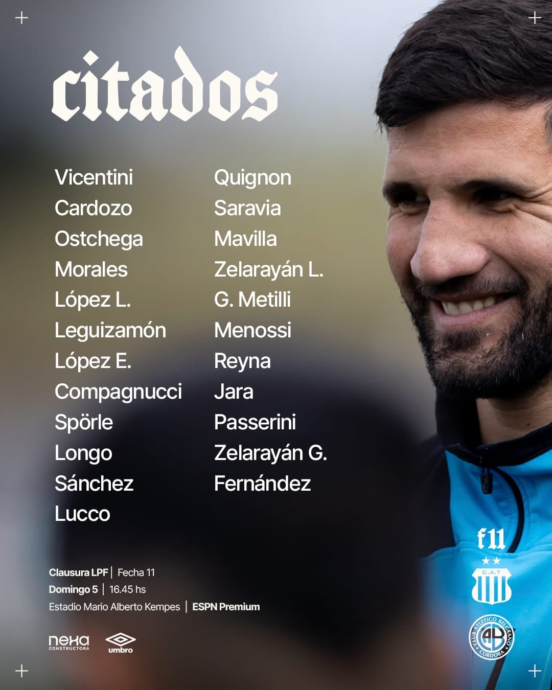 Los citados por Zielinski para el clásico con Talleres (Prensa Belgrano).