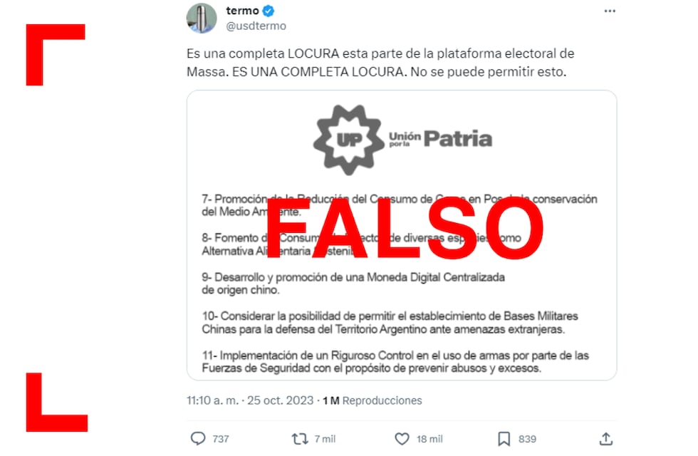 Es falso que la plataforma electoral de Unión por la Patria propone “reducir el consumo de carne y fomentar el consumo de insectos”