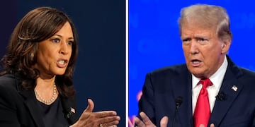 Esta combinación de fotos muestra, a la izquierda, a la entonces candidata vicepresidencial demócrata Kamala Harris en un debate en Salt Lake City el 7 de octubre del 2020, y a la derecha, al candidato presidencial republicano Donald Trump en un debate en Atlanta el 27 de junio del Atlanta. (AP foto)