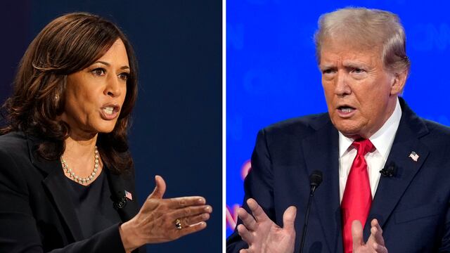 Esta combinación de fotos muestra, a la izquierda, a la entonces candidata vicepresidencial demócrata Kamala Harris en un debate en Salt Lake City el 7 de octubre del 2020, y a la derecha, al candidato presidencial republicano Donald Trump en un debate en Atlanta el 27 de junio del Atlanta. (AP foto)